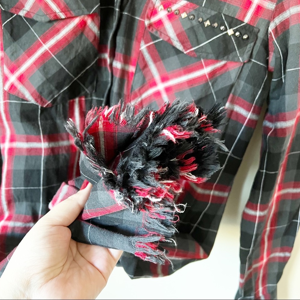 Zara Woman Premium Tartan Plaid Studded Pocket Fray Hem Shirt Dress Red Black XS - Picture 11 of 13
